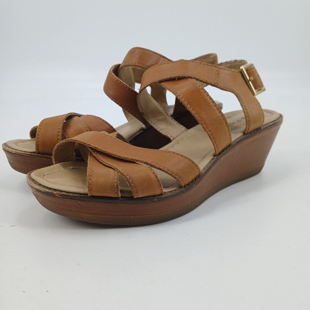 womans Hush Puppies Cognac Brown Strappy Platform Wedge Sandals Size 7.5